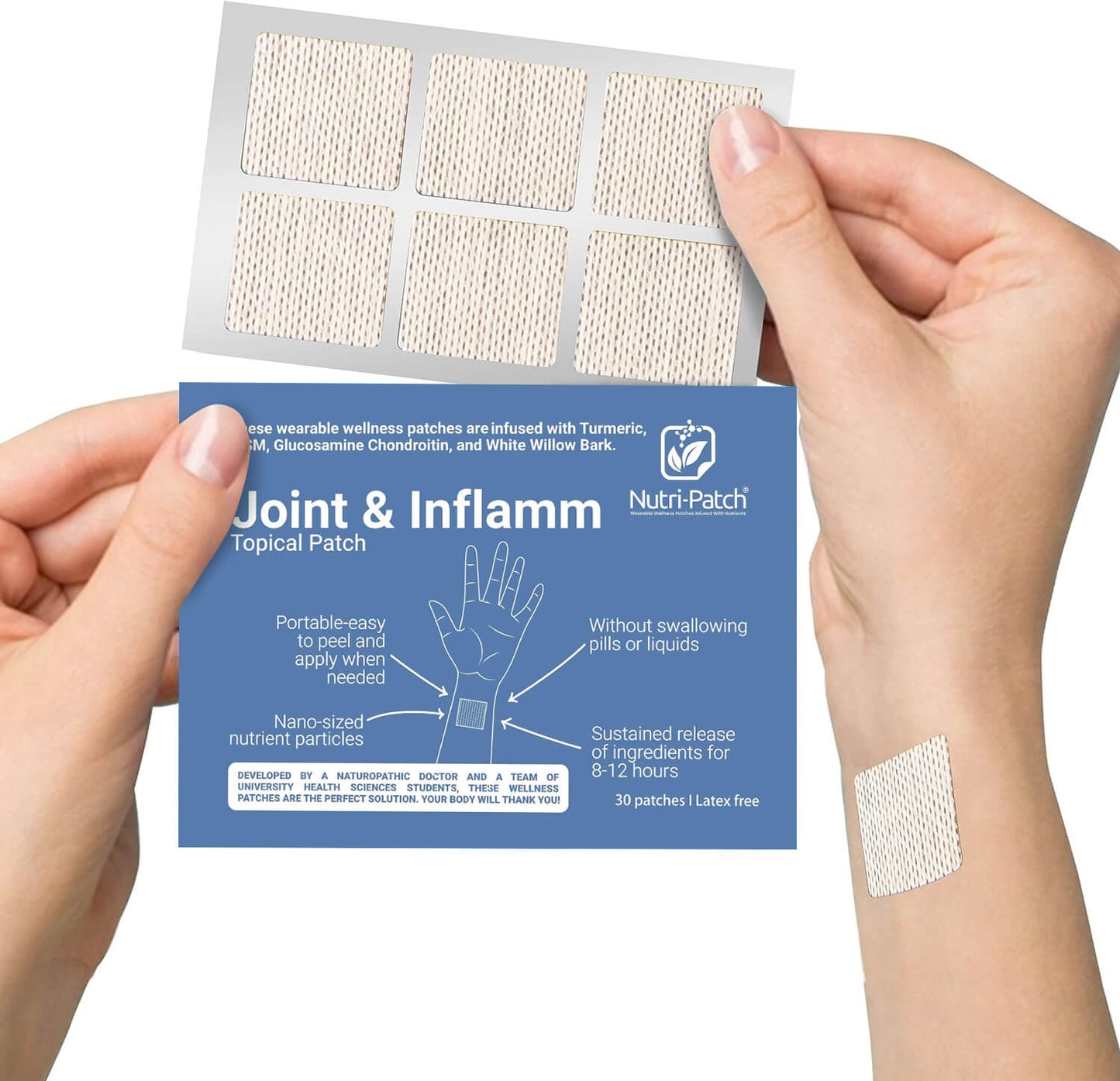 NUTRI-PATCH Joint & Inflamm Topical Patch, Infused with Turmeric, MSM, Glucosamine, Chondroitin, and White Willow bark.Designed to Give You a Boost. (30/Pack).