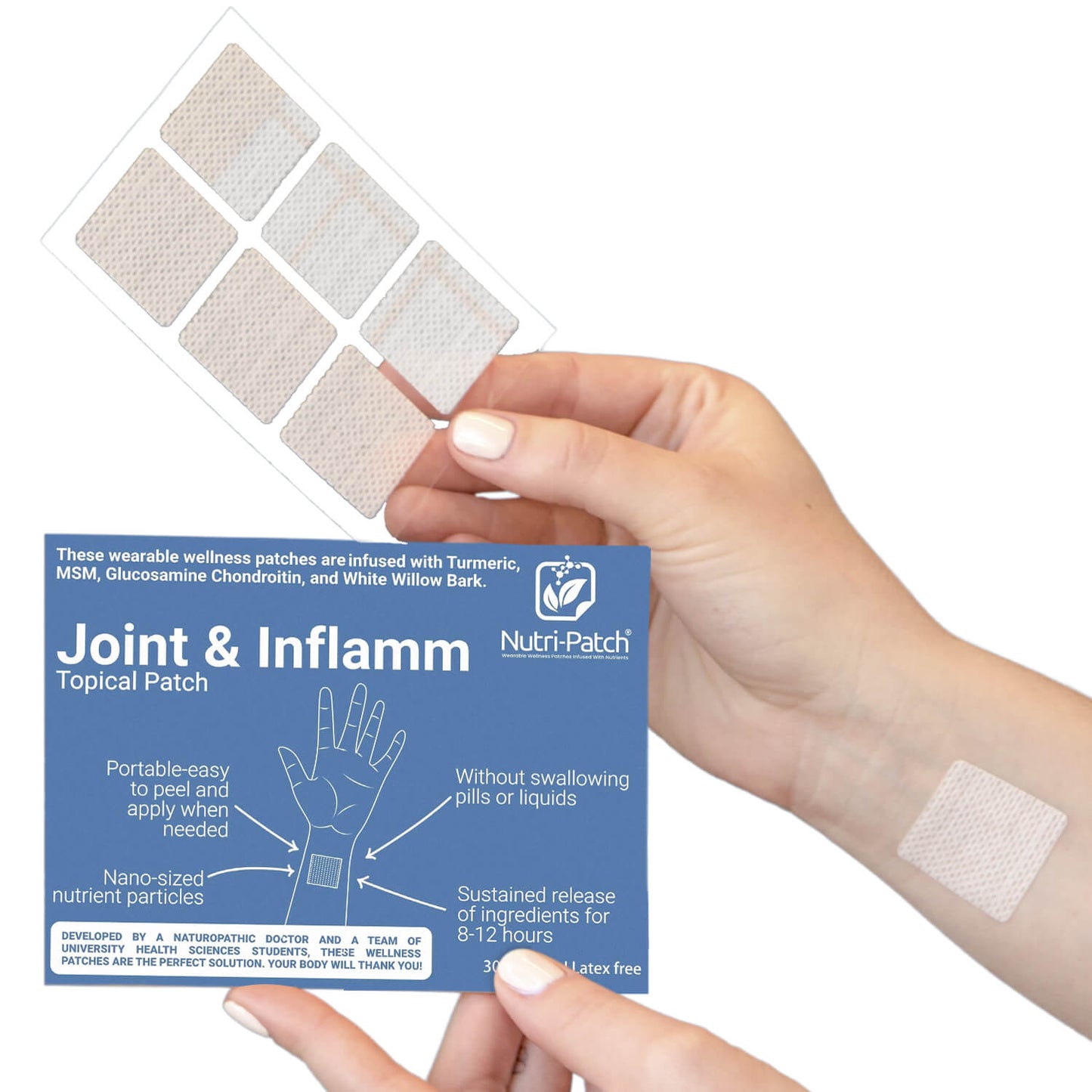 NUTRI-PATCH Joint & Inflamm Topical Patch, Infused with Turmeric, MSM, Glucosamine, Chondroitin, and White Willow bark.Designed to Give You a Boost. (30/Pack).