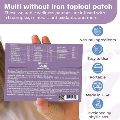 NUTRI-PATCH MULTI without Iron Topical Patch, Infused with D3, B Complex, Magnesium, and Zinc. Designed to Give You a Boost (30/Pack).